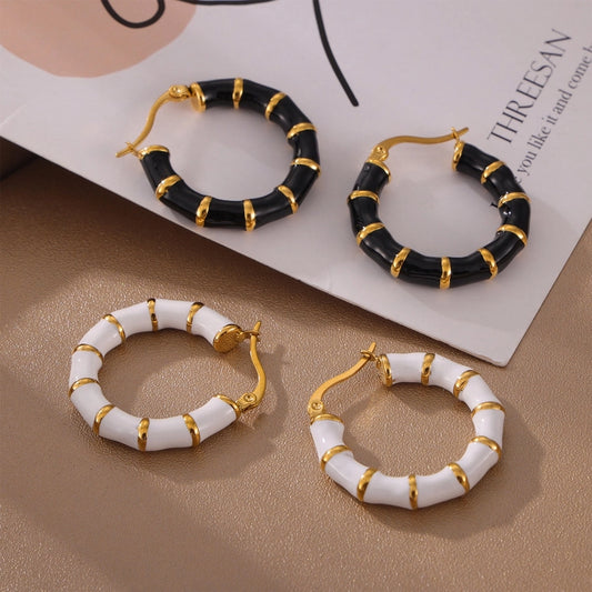 U Shape Bamboo Enamel Earrings [304 Stainless Steel,18K Gold Plated]