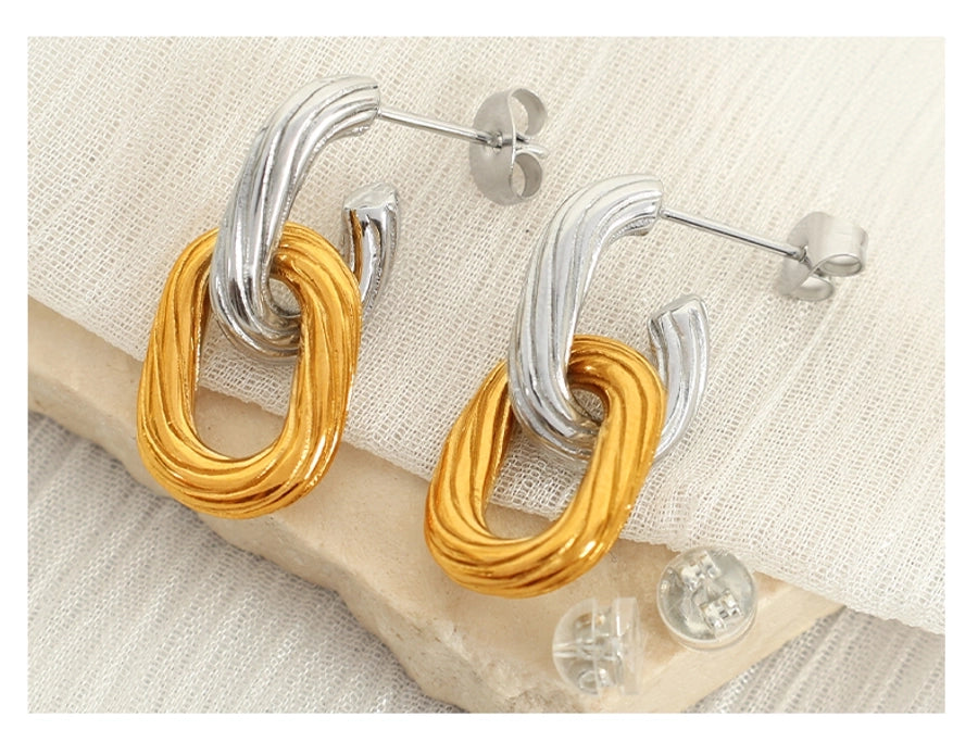 Double Ring Silver Gold Drop Earrings [304 Stainless Steel,18K Gold Plated]