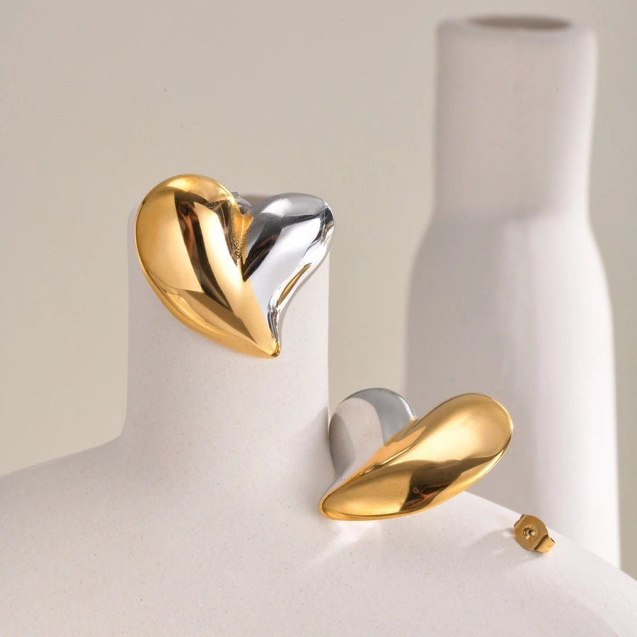 Duo Tone Heart Form Ohrringe [201 Edelstahl, 18K Gold plattiert]