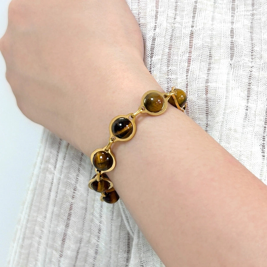 Round Agate, Tigereye Bracelet [304 Stainless Steel,18K Gold Plated]