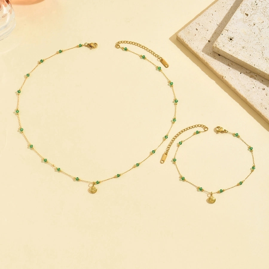 Green Beaded Shell Jewelry Set [304 Stainless Steel]