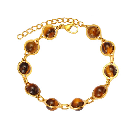 Round Agate, Tigereye Bracelet [304 Stainless Steel,18K Gold Plated]