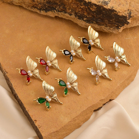 Pendientes de mariposa de piedras brillantes [304 acero inoxidable, 18k dorado chapado]