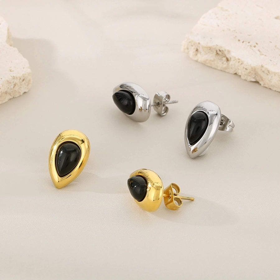 Black Stone Water Droplets Earrings [304 Stainless Steel, 18K Gold Plated]