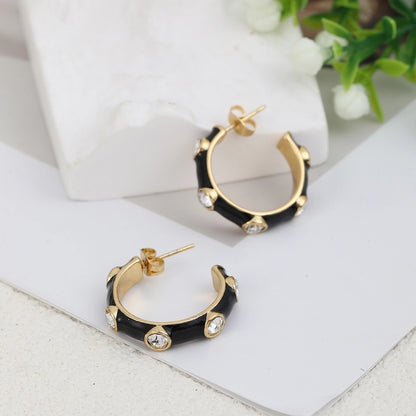 C Shape Zircon Black and White Earrings [304 Stainless Steel,18K Gold Plated]