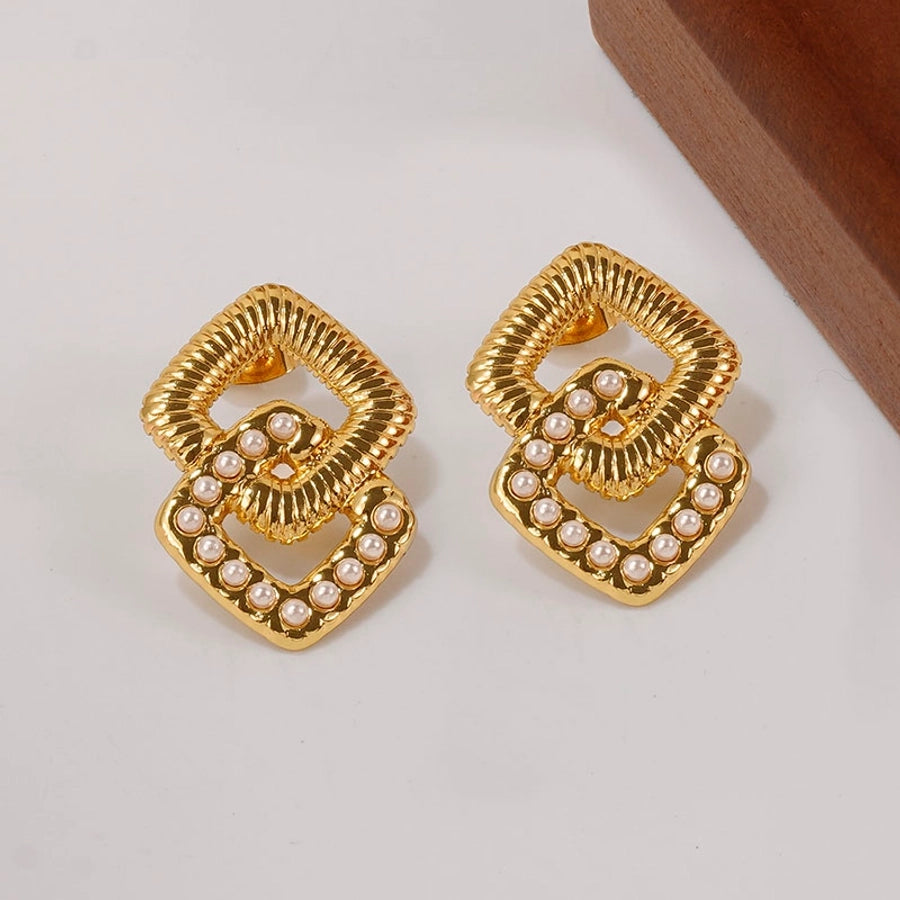 Square Artificial Pearls Drop Earrings [201 Stainless Steel,18K Gold Plated]