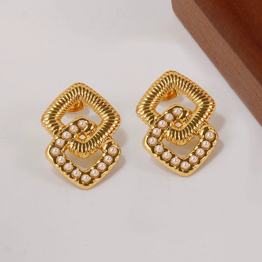 Square Artificial Pearls Drop Earrings [201 Stainless Steel,18K Gold Plated]