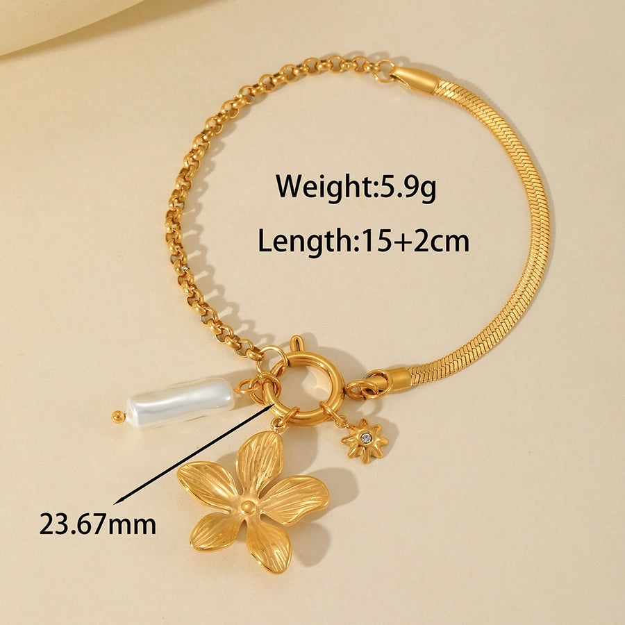 Cross Heart Shape Flower Pearl Bracelet [304 Stainless Steel 18K Gold Plated]