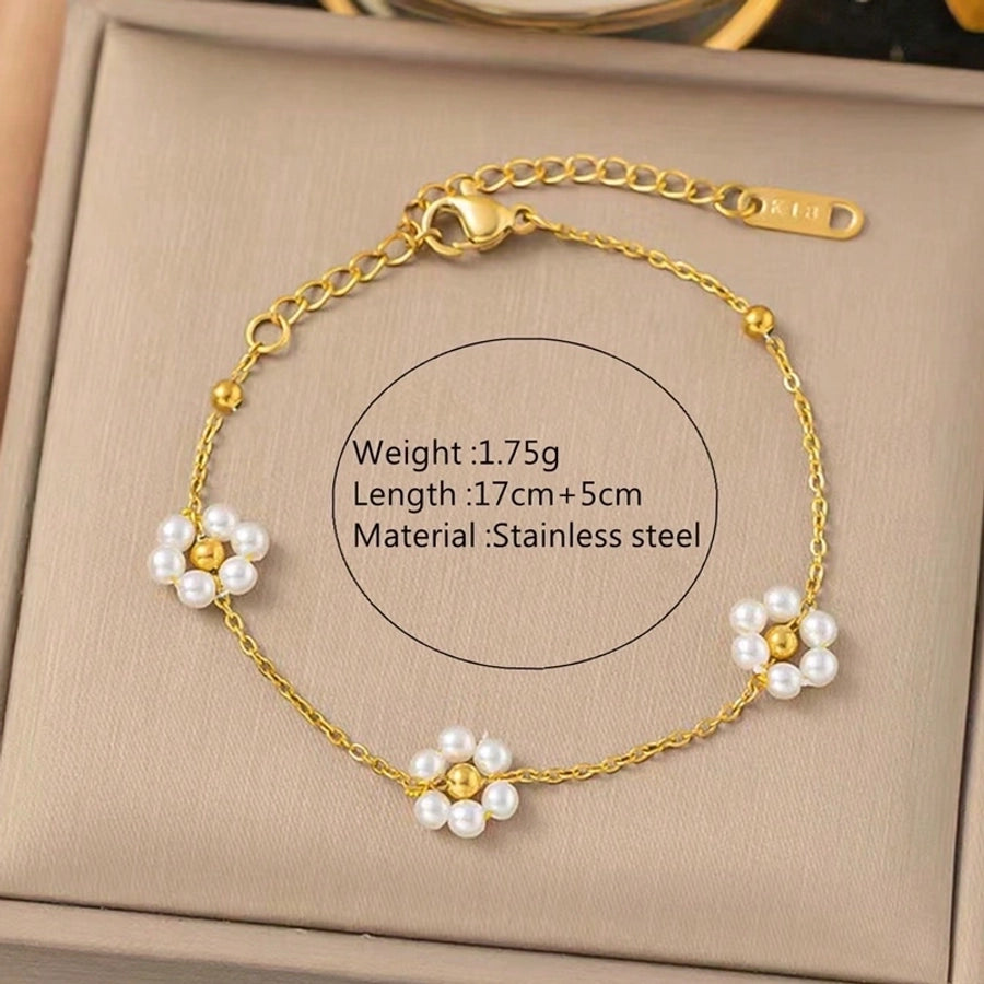 White Daisy Flower Bracelet [304 Stainless Steel,18K Gold Plated]