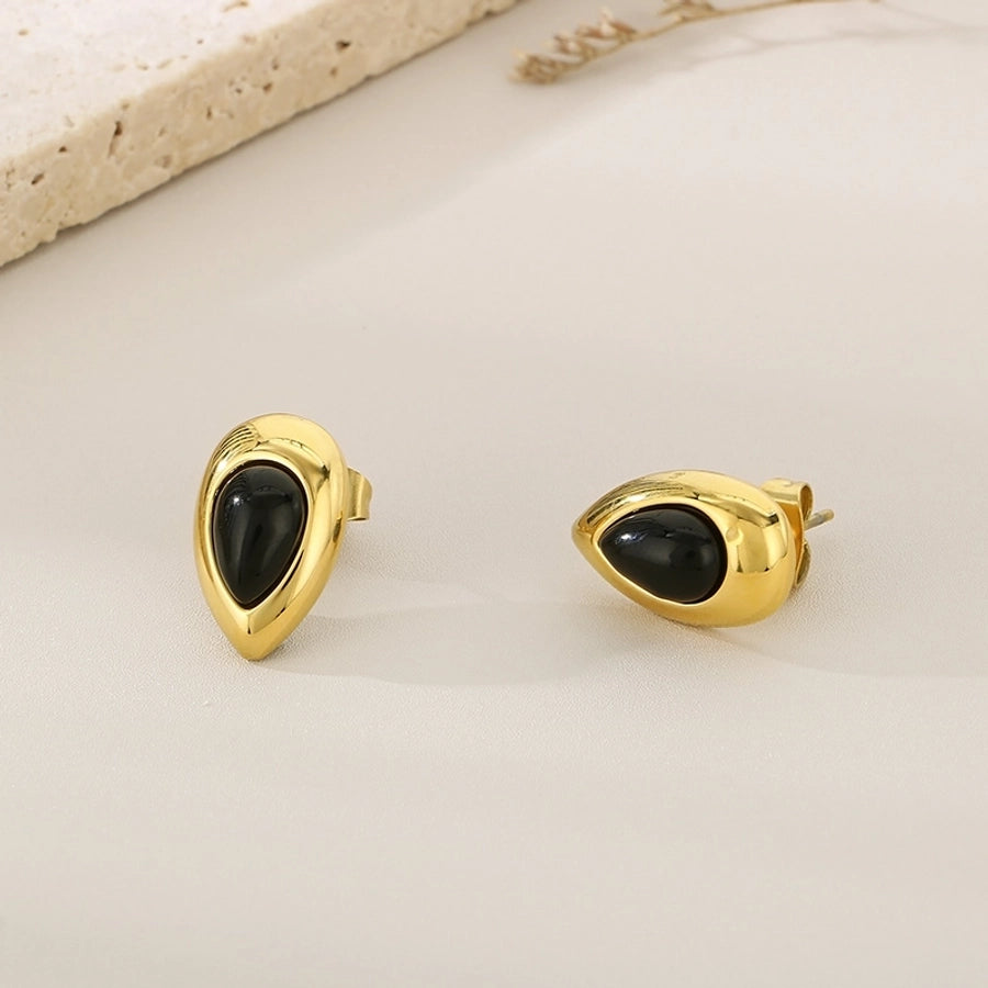 Black Stone Water Droplets Earrings [304 Stainless Steel, 18K Gold Plated]