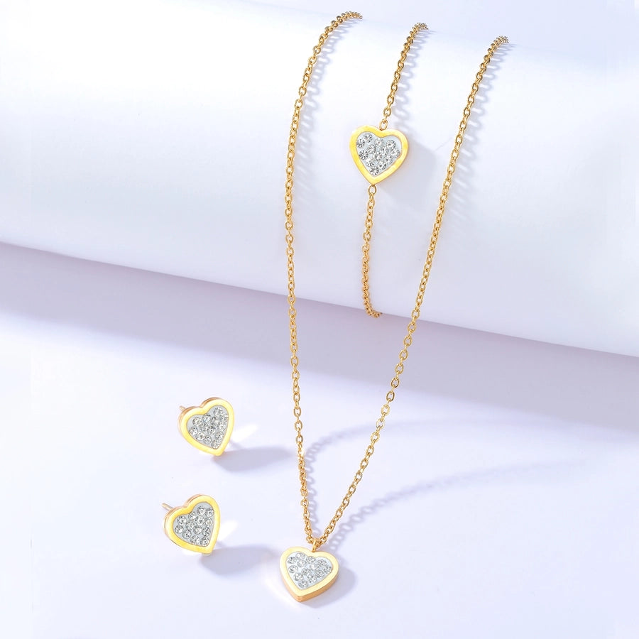 Rhinestone Heart Jewelry Set [201 rustfritt stål 18K gullbelagt]