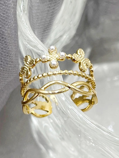 Anello aperto per perle di fiori [304 in acciaio inossidabile 14k oro placcato]