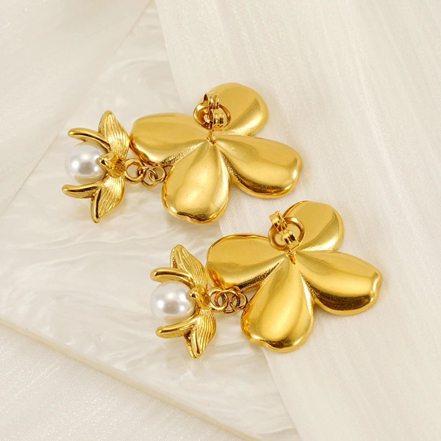 Bridal Flower Artificial Pearls Drop Earrings [304 Stainless Steel,18K Gold Plated]