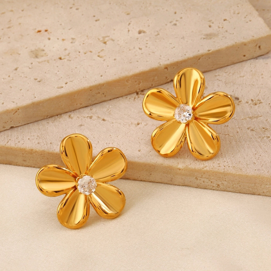 Flower Inlay Zircon Earrings [304 Stainless Steel,18K Gold Plated]