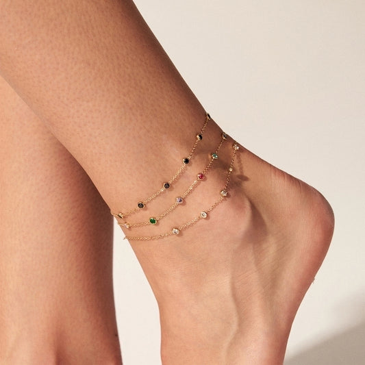 Anklet zircon rond [304 en acier inoxydable, 16 km plaqués en or]