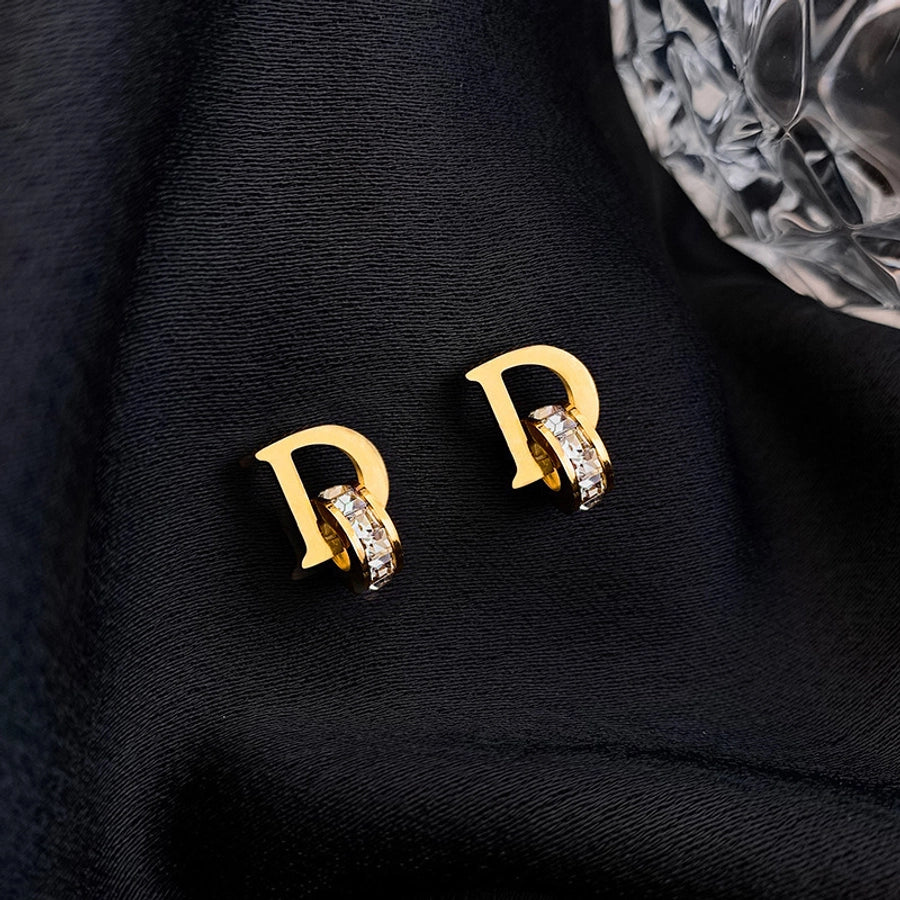 D Letter Rhinestone Earrings [304 Stainless Steel,18K Gold Plated]