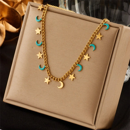 Retro Enamel Star Moon Necklace [304 Stainless Steel,18K Gold Plated]