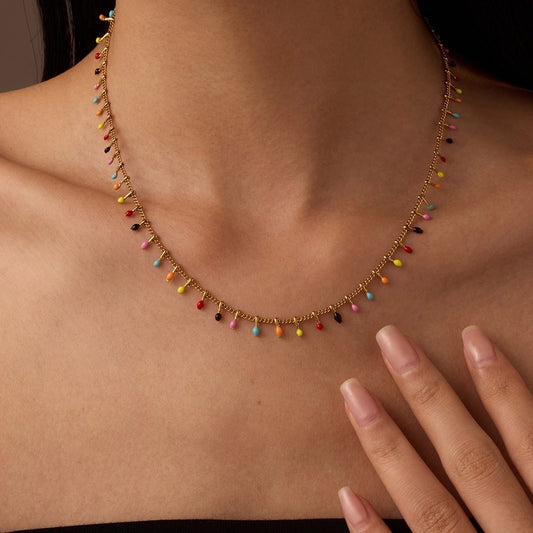 Colored Beads Necklace [304 Stainless Steel,18K Gold Plated]