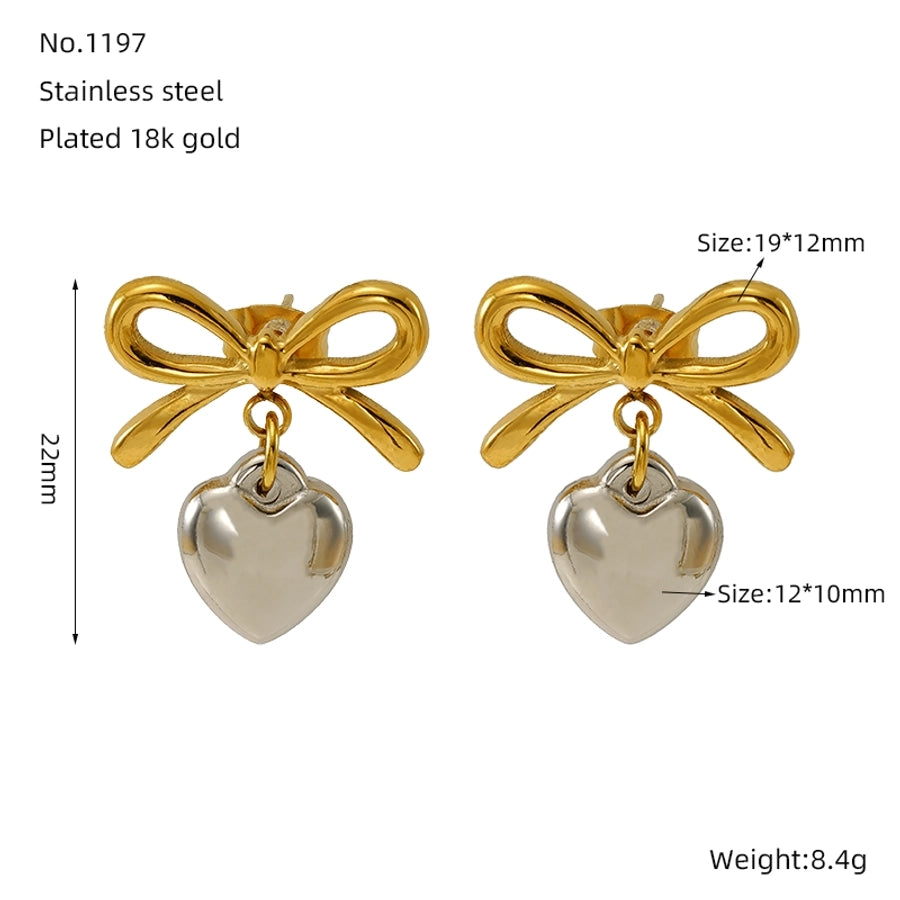 Heart Shape Bow Knot Earrings [304 Stainless Steel,18K Gold Plated]