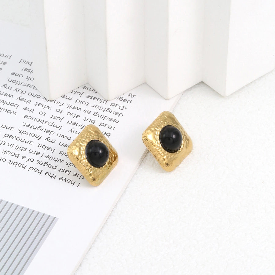 Square Natural Stone Ear Studs [304 Stal nierdzewna, 18 -karatowy złota]