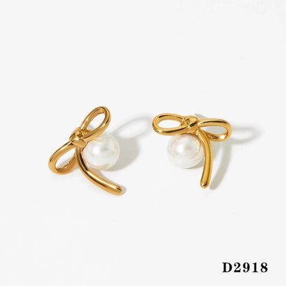 Artistic Bow Knot Artificial Pearls Earrings [304 Stainless Steel,16K Gold Plated]