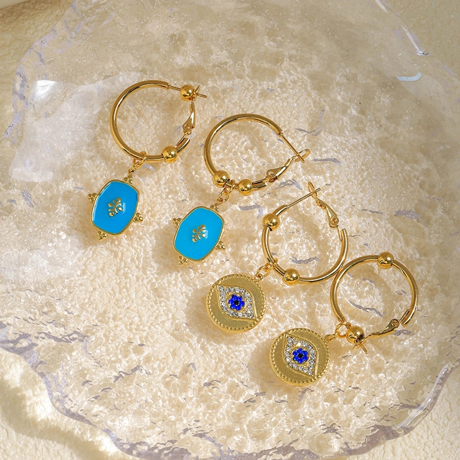 Roman Eye Enamel Zircon Drop Earrings [304 Stainless Steel,14K Gold Plated]