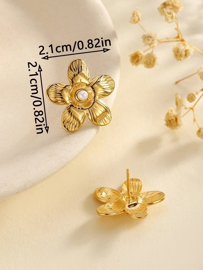 Stainless Steel New Graceful and Fashionable Inlaid Pearl Zircon Bow Flower Stud Earrings Trendy High Sense Women's Stud Earrings