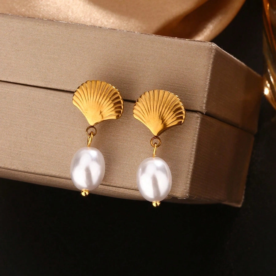 Tropical Geometric Sector Artificial Pearls Earrings [304 Stainless Steel, 18K Gold Plated]