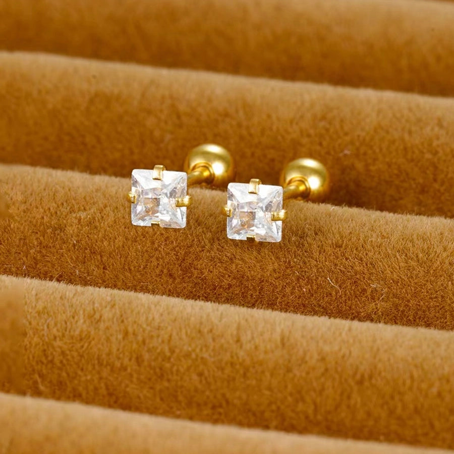 Golden Four-Claw Square Synthetic Zircon Stud Earrings [316 Stainless Steel]