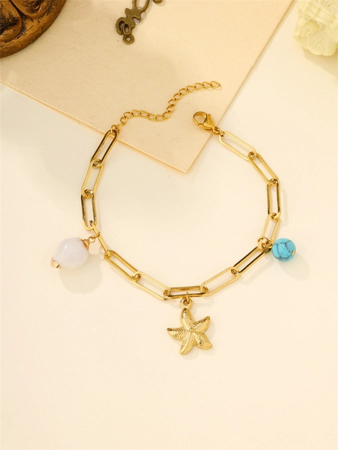 Pulseiras de corrente de estrelas do mar de praia [304 aço inoxidável, peito de ouro de 18k]