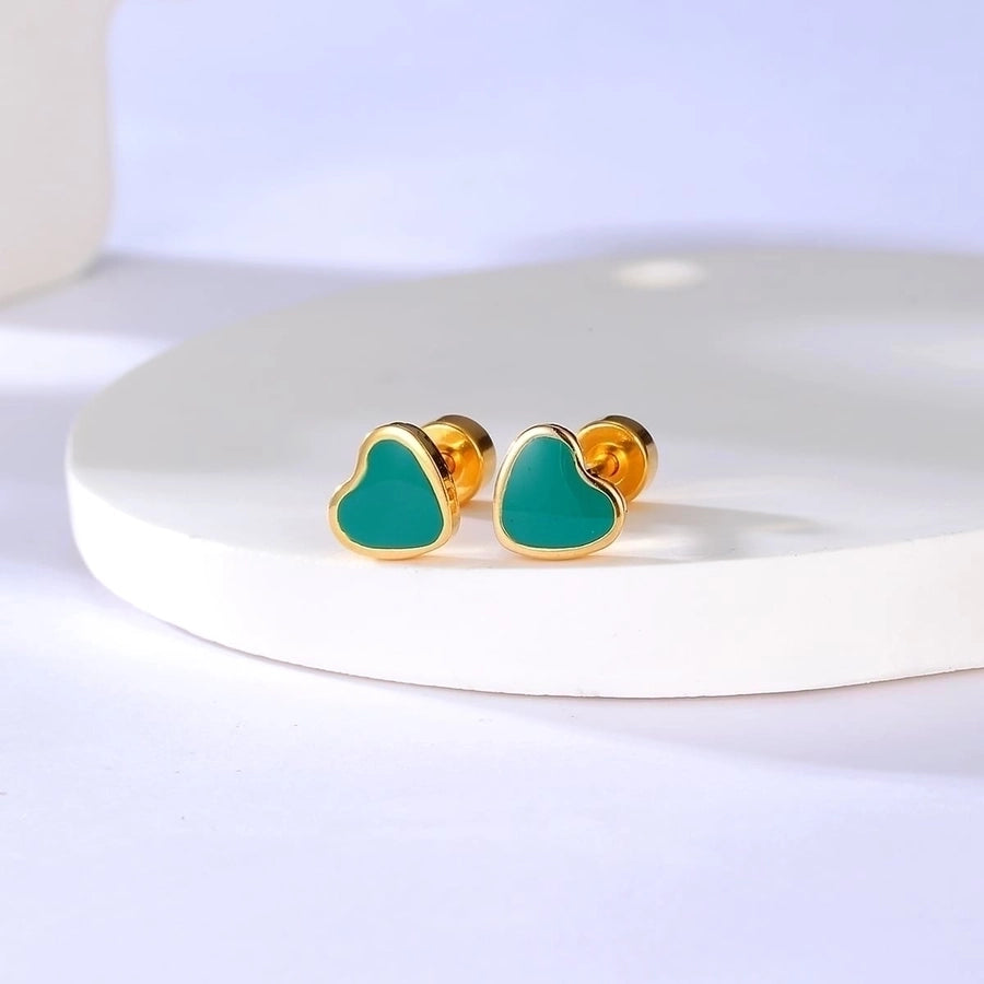 Small Colored Heart Stud Earrings [201 Stainless Steel, 18K Gold Plated]