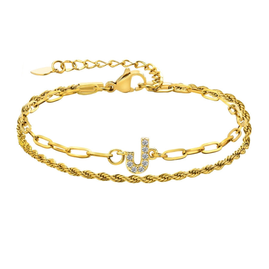 Letter Zircon Bracelets [201 Stainless Steel,Copper,18K Gold Plated]