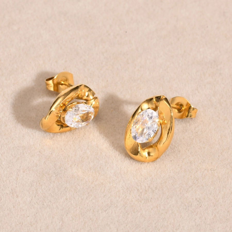 Ovaler Zirkon 1earrings [201 Edelstahl, 18K Gold plattiert]