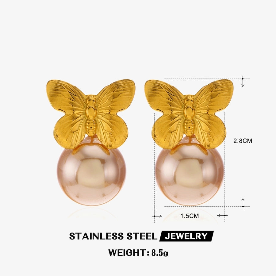 Butterfly Artificial Pearls Earrings [304 Stainless Steel,18K Gold Plated]