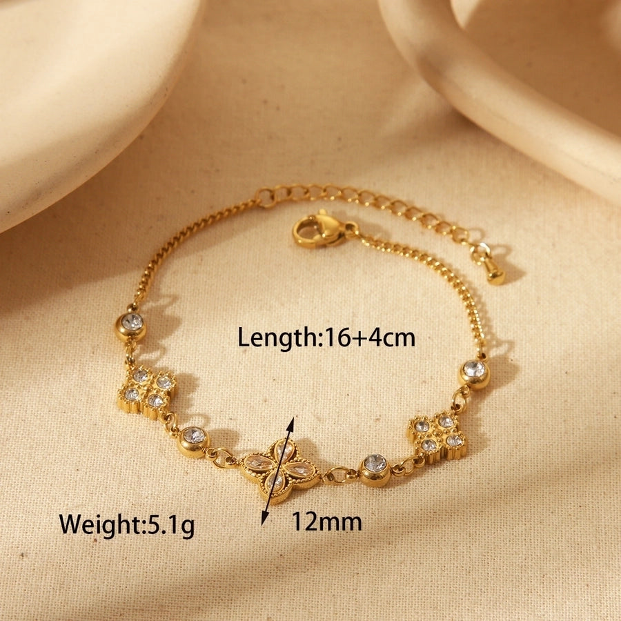 Four Leaf Flower Zircon Bracelet/Earrings/Necklace [304 Stainless Steel, 18K Gold Plated]