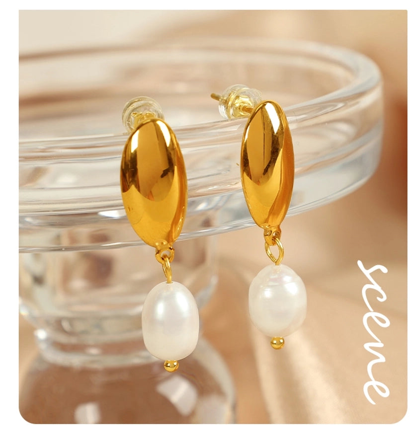 Freshwater Pearl Oval Drop Earrings [304 Stainless Steel,18K Gold Plated]