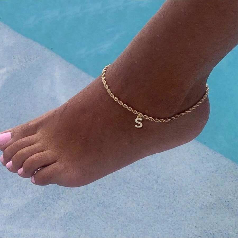 Letter Rope Chain Anklet [201 Stainless Steel, 14K Gold Plated,Copper]