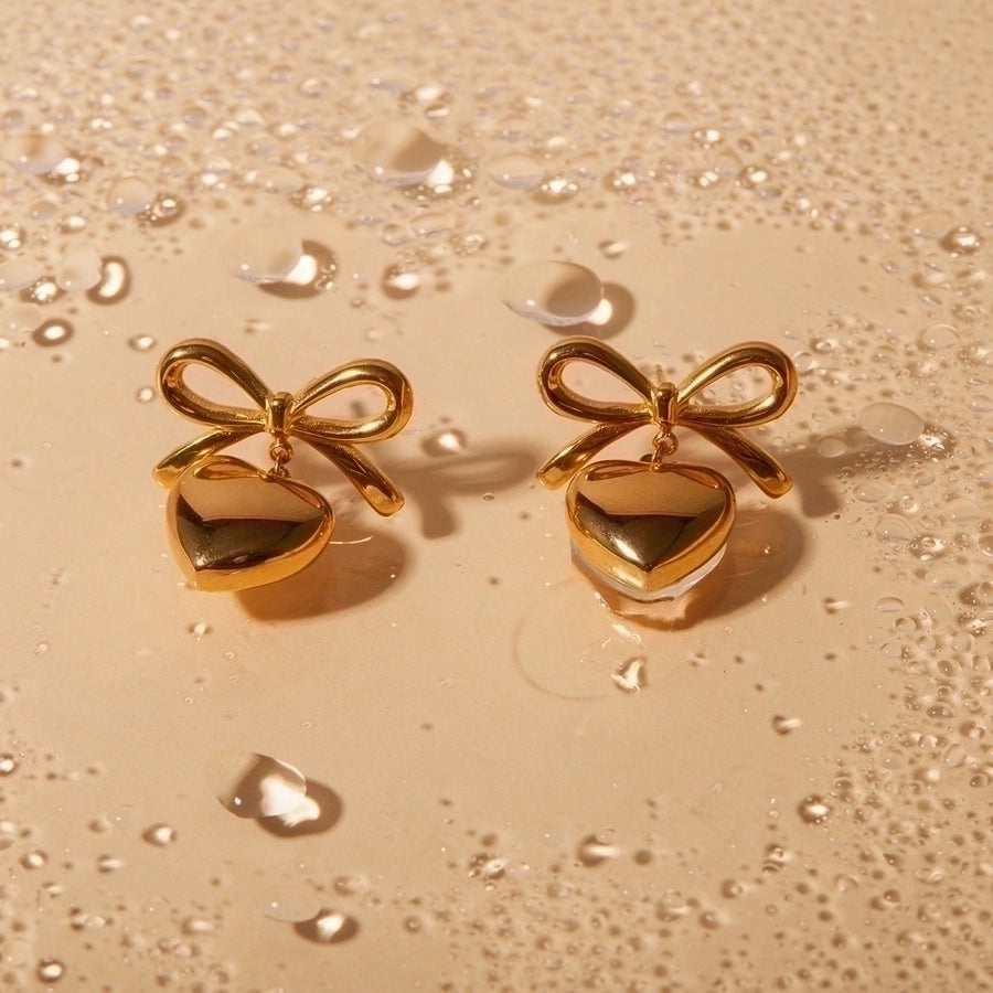 Heart Shape Bow Knot Earrings [304 Stainless Steel,18K Gold Plated]