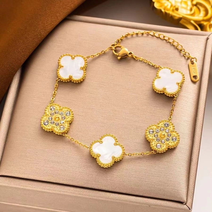 Four Leaf Clover Zircon Bracelets [304 Stainless Steel,18K Gold Plated]