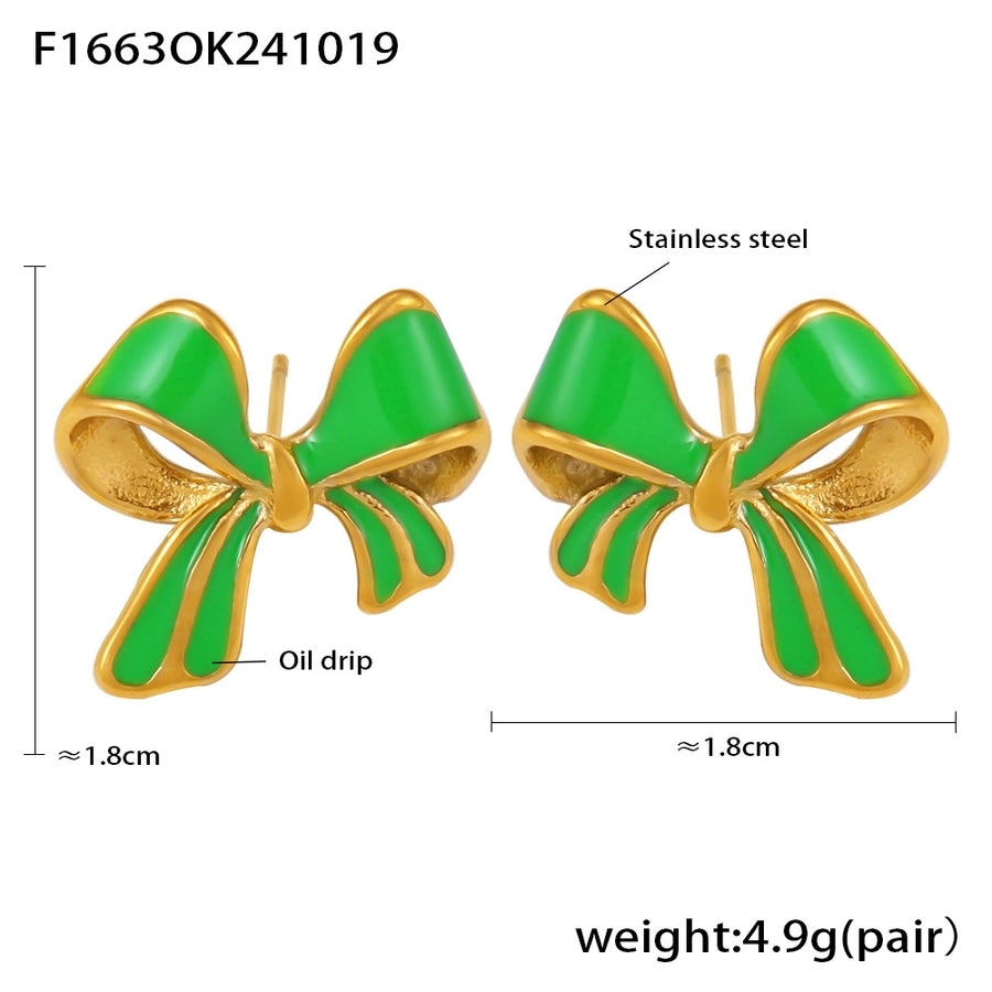 Color Preppy Style Bow Knot Enamel Earrings [304 Stainless Steel,18K Gold Plated]