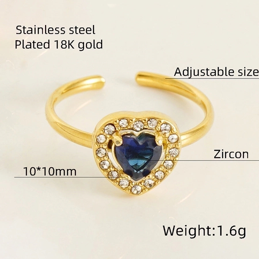 Shiny  Square Water Droplets Heart Shape Zircon Open Ring [Stainless Steel 18K Gold Plated]