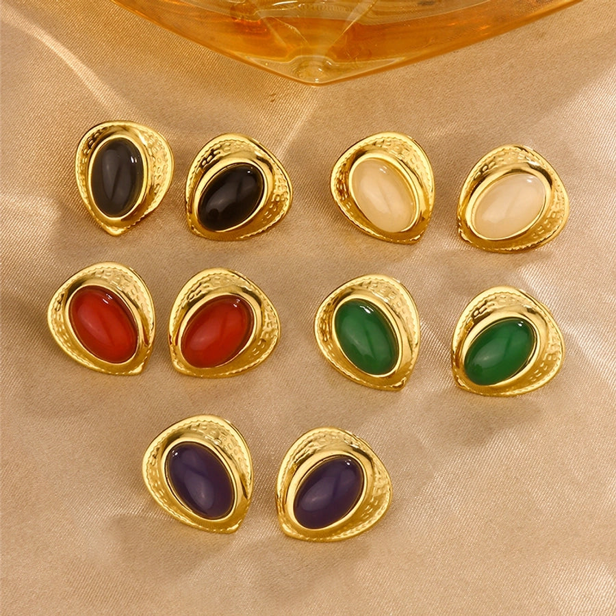 Resin Stone Stud Earrings [304 Stainless Steel,18K Gold Plated]