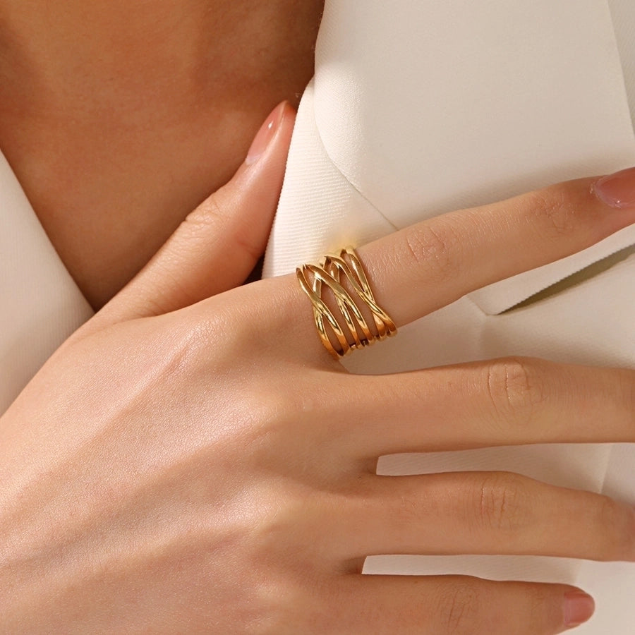 Cross Lines Open Ring [304 Stainless Steel 18K Gold Plated]