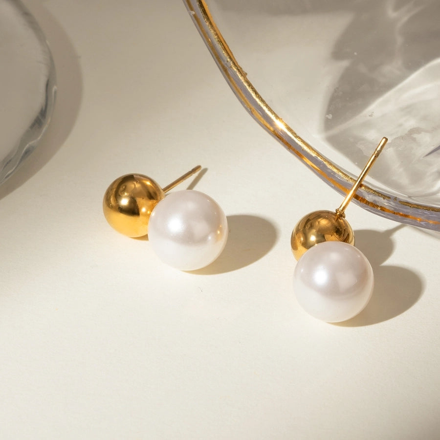 Round Artificial Pearl Earrings [304 Stainless Steel,18K Gold Plated]