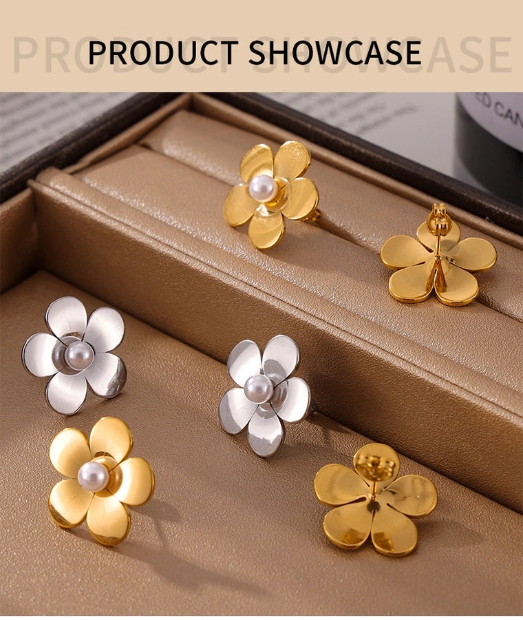 Round Flower Artificial Pearls Earrings [304 Stainless Steel,18K Gold Plated]