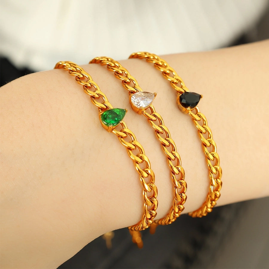 Glass Stone Curb Chain Bracelet [304 Stainless Steel,18K Gold Plated]