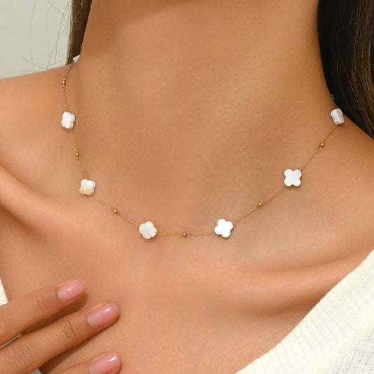 Four Leaf Clover White Necklace  [304 Stainless Steel,18K Gold Plated]