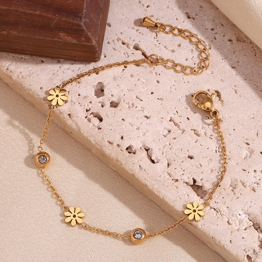 Flower Zircon Bracelet [304 Stainless Steel,18K Gold Plated]