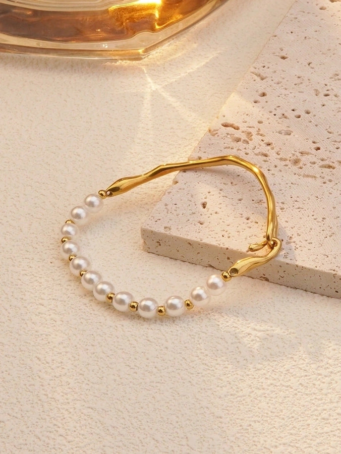 Plastic Pearls Bangle Bracelet  [304 Stainless Steel,18K Gold Plated]