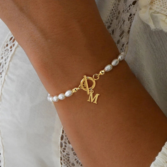 Letter Artificial Pearl Bracelet [304 rustfrit stål]